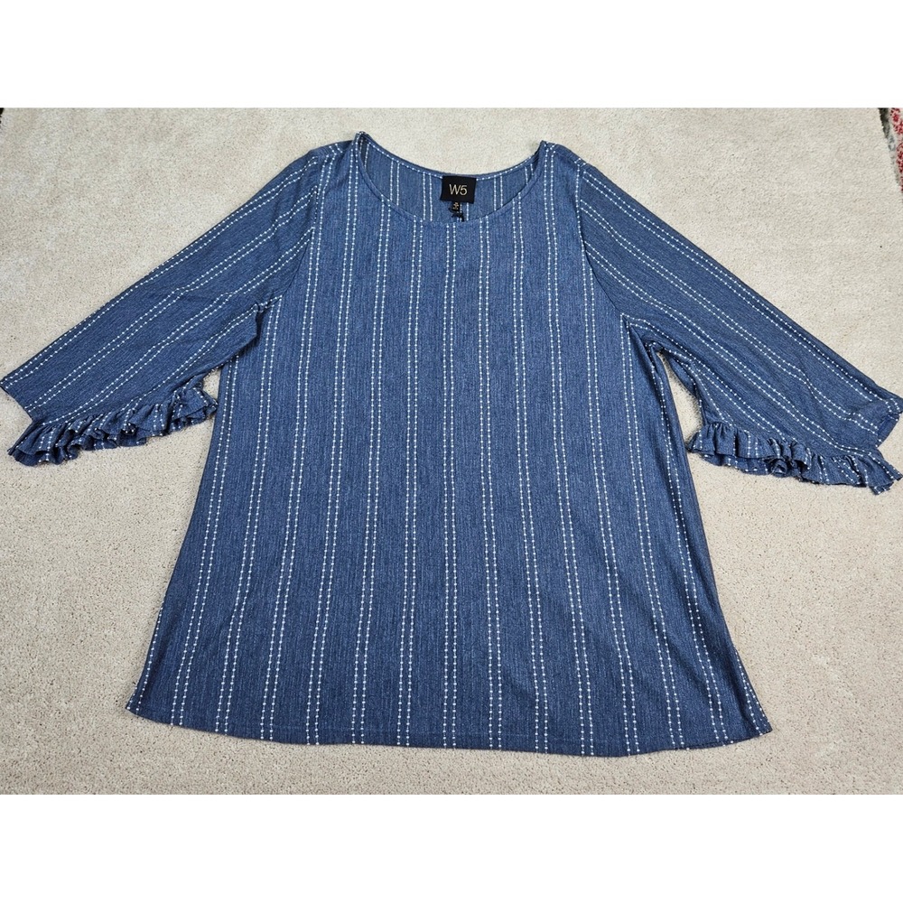 NWT W5 Womens Blue Striped Tunic Top Ruffle Sleeves Boho Casual Chic Lightweight